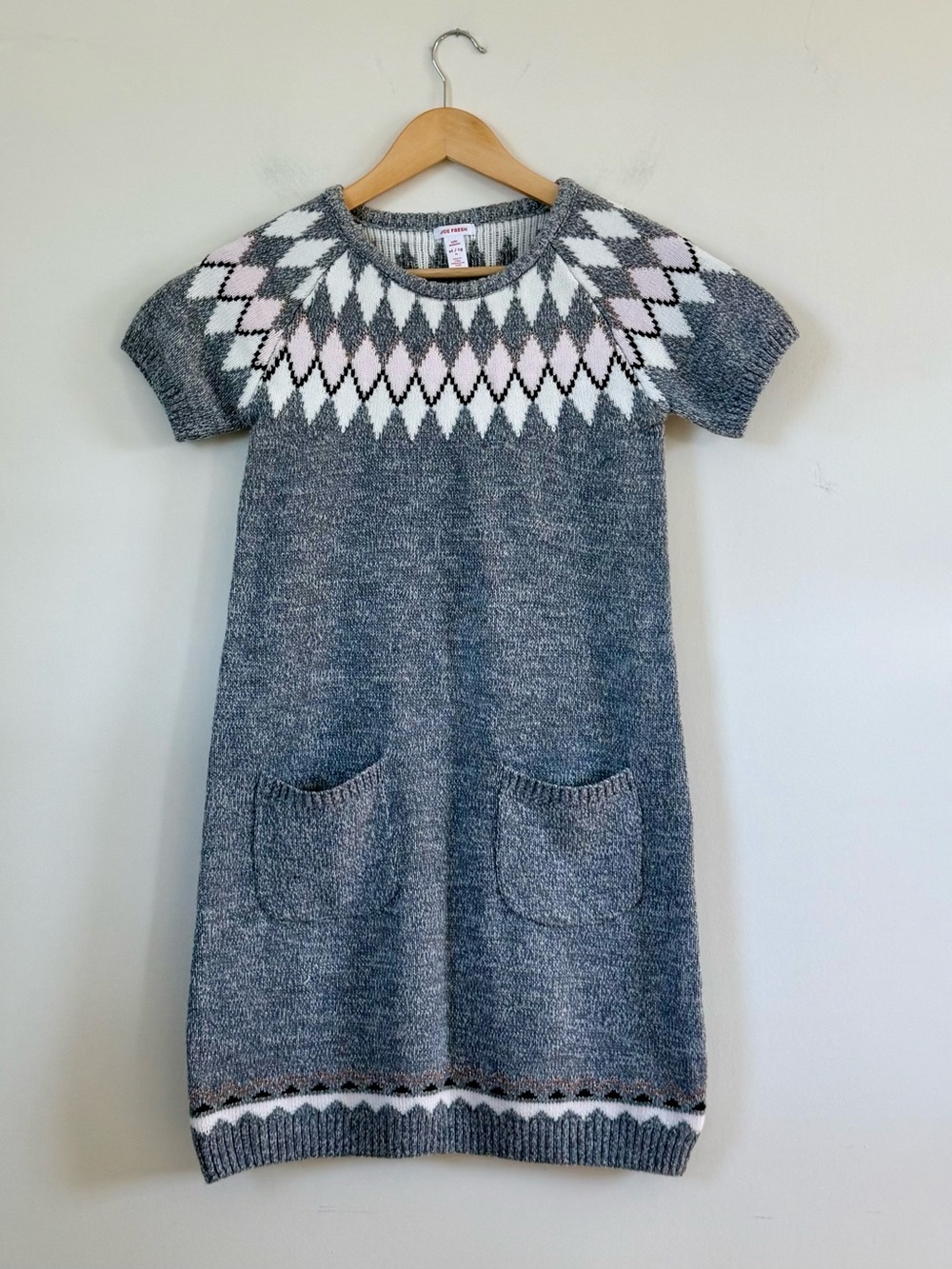 Grey Argyle Knit Short Sleeve Sweater Dress with Pockets Girls Joe Fresh Size XL